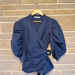 Elegant Navy Wrap Blouse with Puff Sleeves